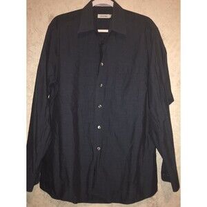 Calvin Klein Button Up Shirt Men 16 Navy Blue Solid Long Sleeves Cotton